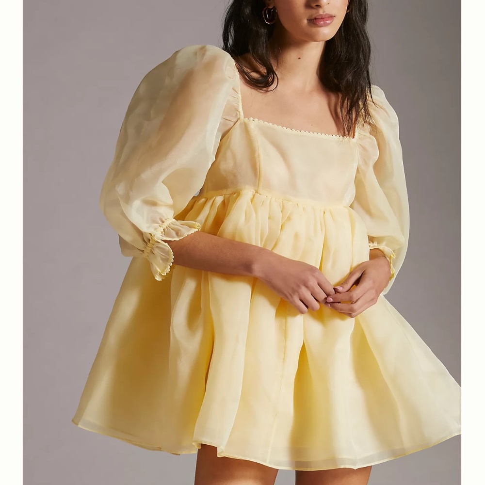 Selkie Puffed-Sleeve Square-Neck Mini Dress